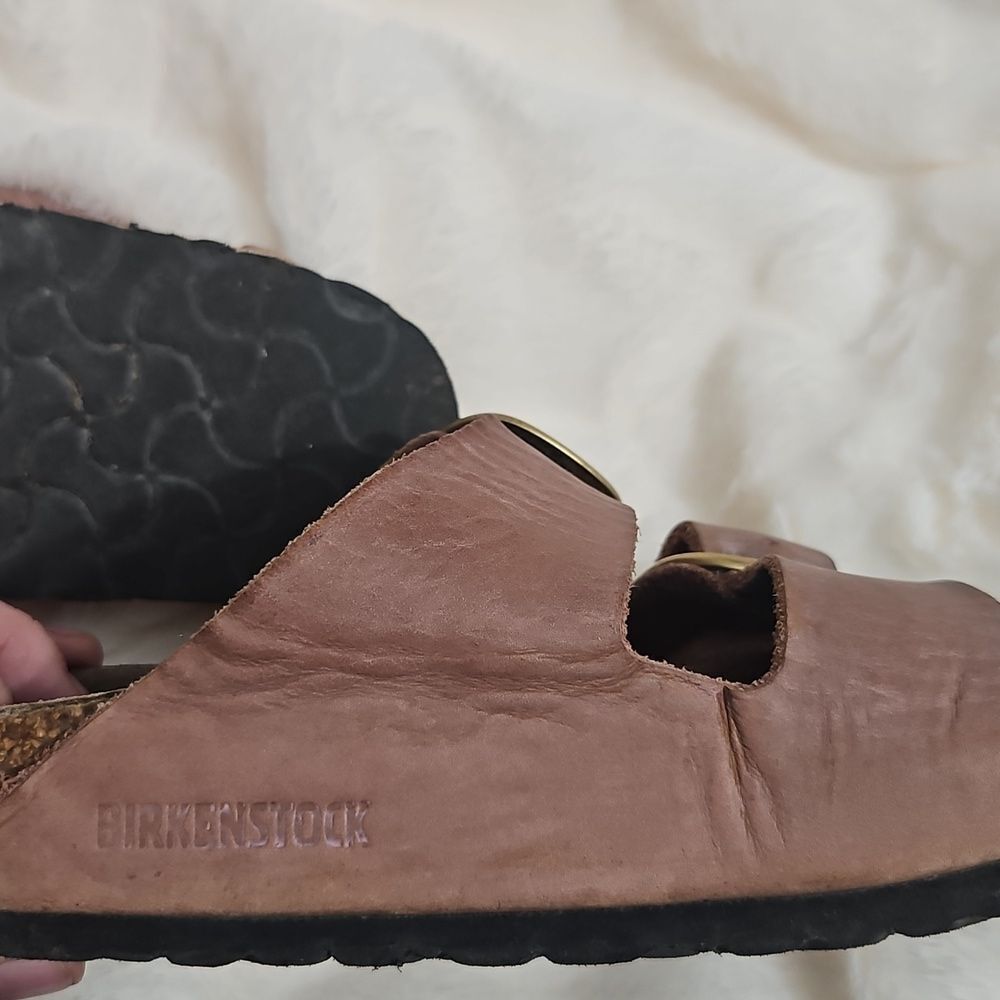 Birkenstock Arizona Pink Brown Leather Sandals Size 38, L7 Well Worn - Picture 12 of 13